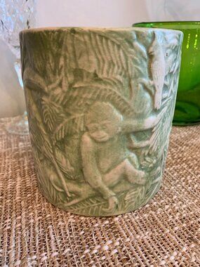 Unique Vintage MCM 1970s Jungle Safari Ceramic Matte Green Glaze Garden Pot